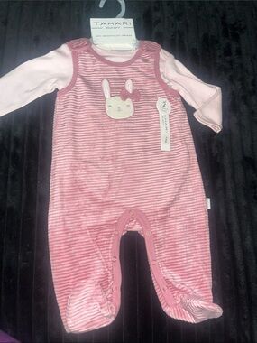 Tahari Baby Pink Striped Bunny Footed Romper Set